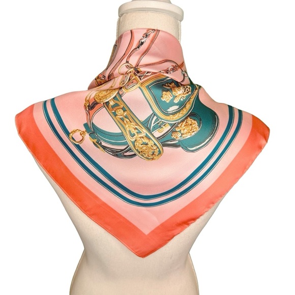 NEW Pink Coral Equestrian Saddle Design Satin Square Luxury Style Scarf - Picture 8 of 15